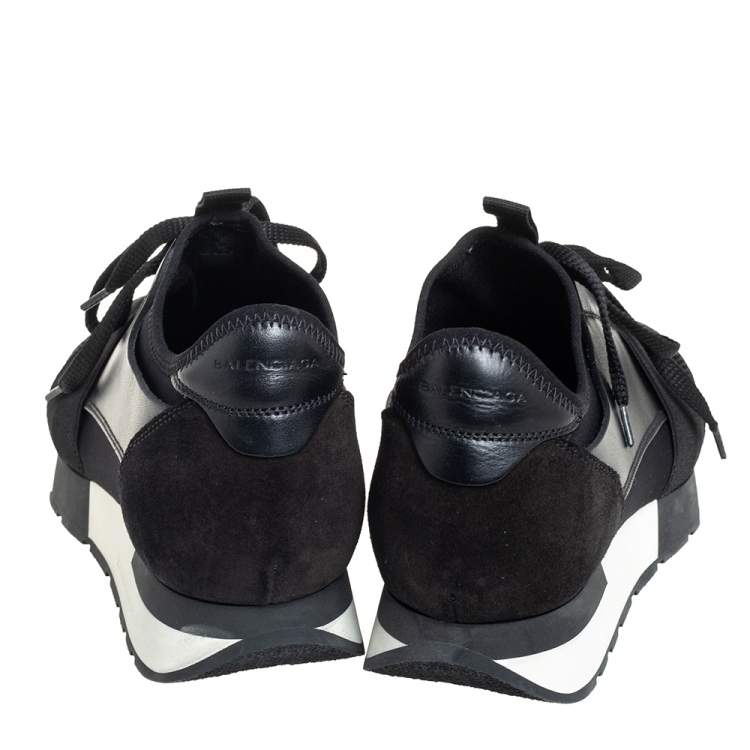 Pre Owned Balenciaga Black Mesh And Leather Race Runner Low Top Sneakers Size 38