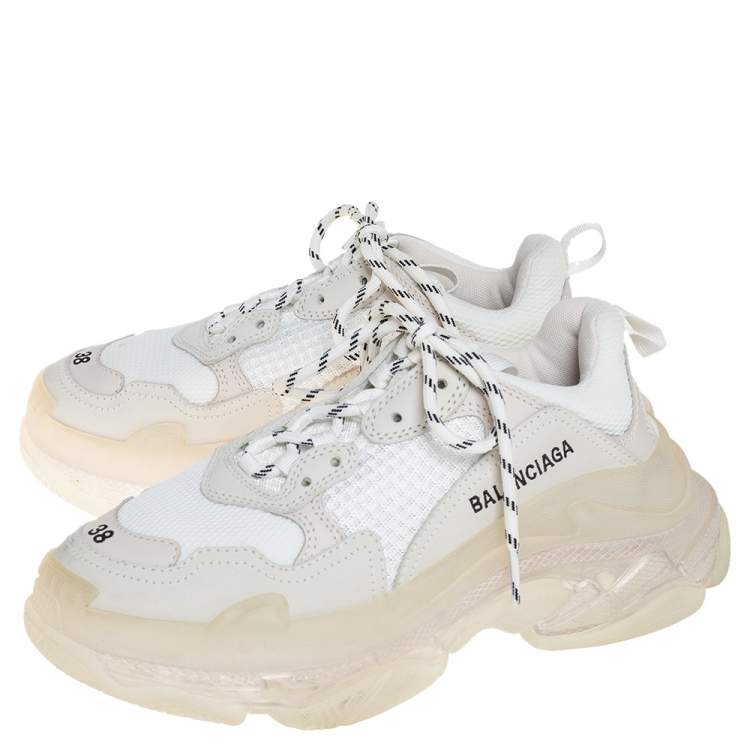 Pre Owned Balenciaga White Mesh And Leather Triple S Clear Sole Platform Sneakers Size 38