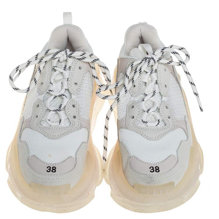 Pre Owned Balenciaga White Mesh And Leather Triple S Clear Sole Platform Sneakers Size 38