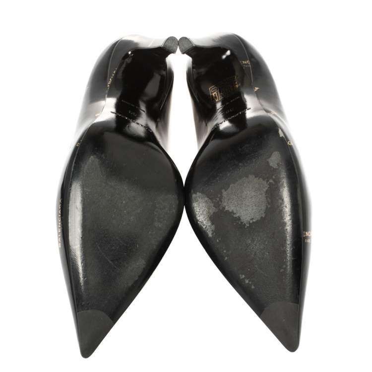 Pre Owned Balenciaga Black/Gold Logo Printed Leather Talon Slash Heel Pointed Toe Pumps Size 38