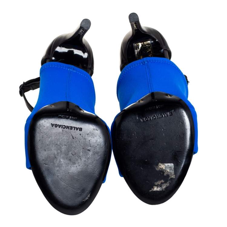 Pre Owned Balenciaga Blue/Black Neoprene And Leather Glove Ankle Strap Sandals Size 36