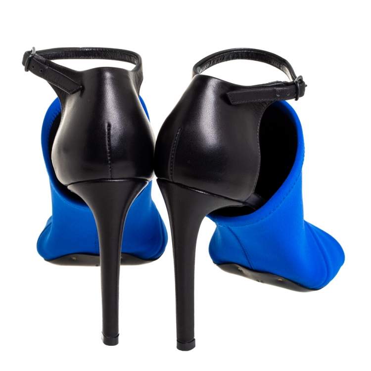 Pre Owned Balenciaga Blue/Black Neoprene And Leather Glove Ankle Strap Sandals Size 36