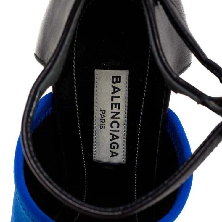 Pre Owned Balenciaga Blue/Black Neoprene And Leather Glove Ankle Strap Sandals Size 36