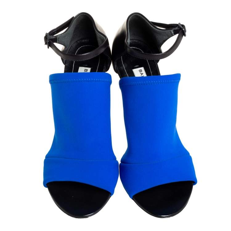 Pre Owned Balenciaga Blue/Black Neoprene And Leather Glove Ankle Strap Sandals Size 36