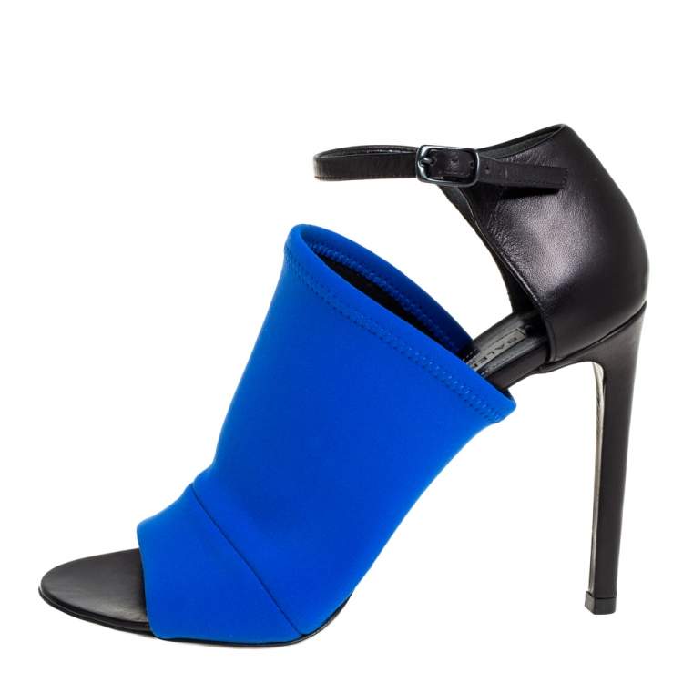 Pre Owned Balenciaga Blue/Black Neoprene And Leather Glove Ankle Strap Sandals Size 36