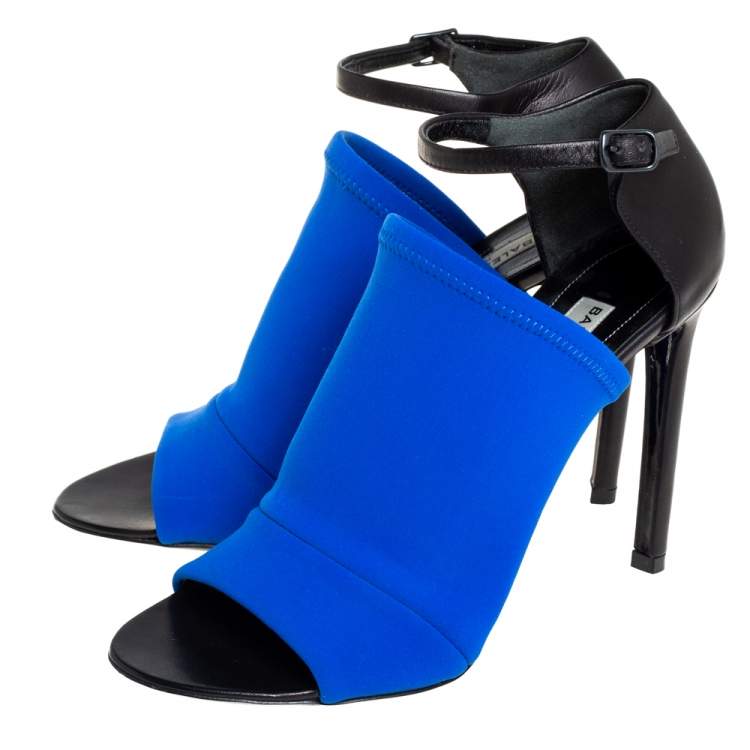Pre Owned Balenciaga Blue/Black Neoprene And Leather Glove Ankle Strap Sandals Size 36