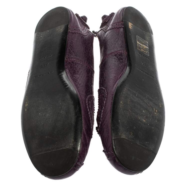 Pre Owned Balenciaga Purple Leather Coquelicot Brogue Ballet Flats Size 38.5