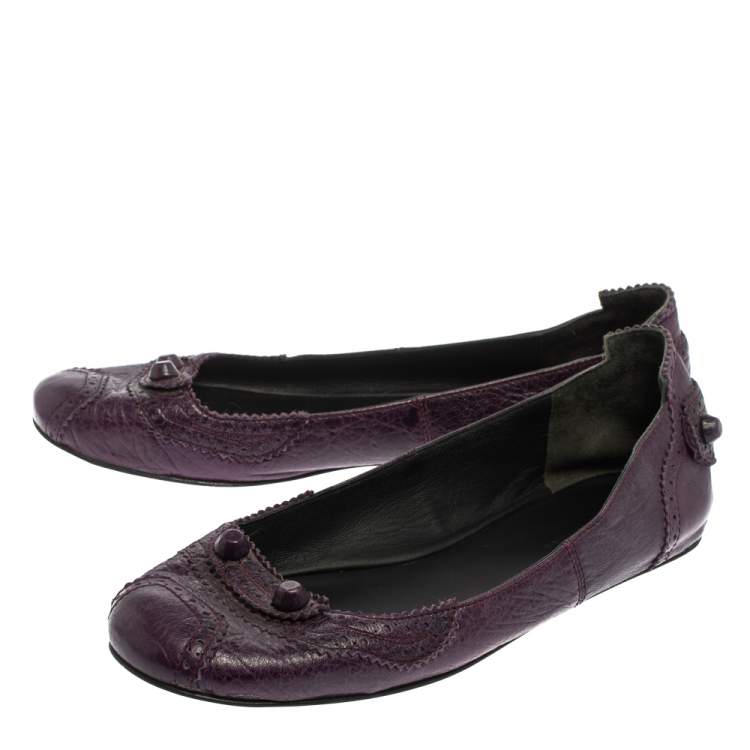 Pre Owned Balenciaga Purple Leather Coquelicot Brogue Ballet Flats Size 38.5