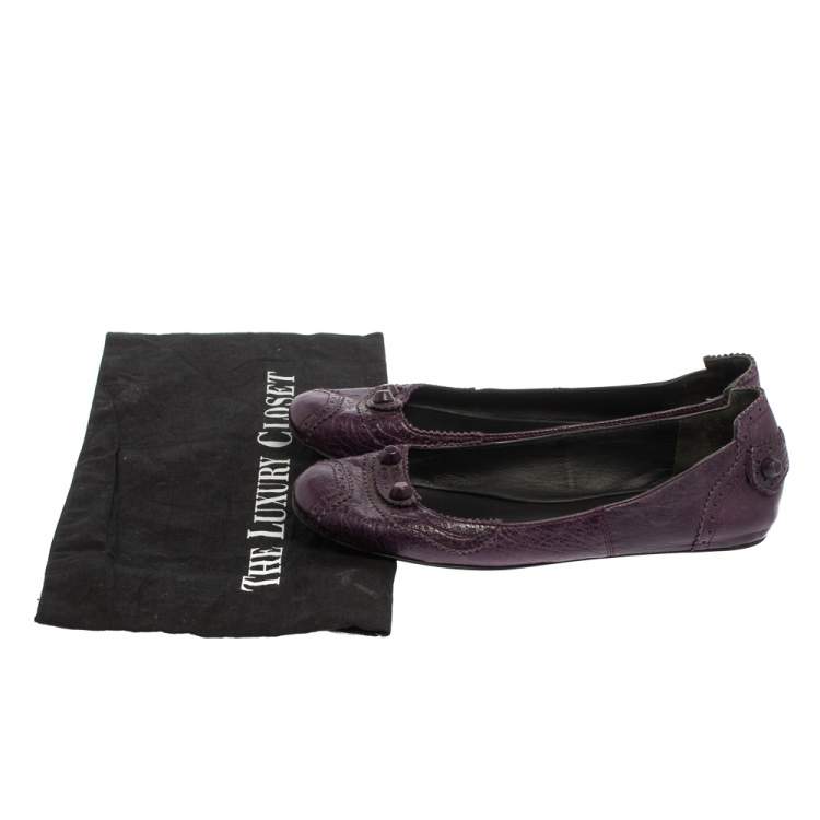 Pre Owned Balenciaga Purple Leather Coquelicot Brogue Ballet Flats Size 38.5