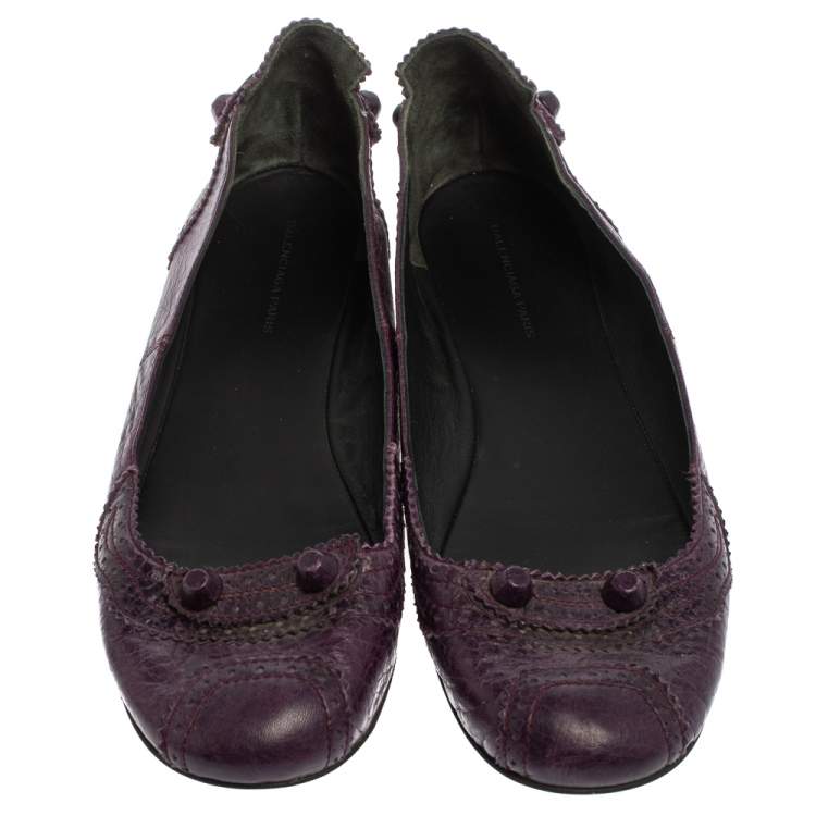 Pre Owned Balenciaga Purple Leather Coquelicot Brogue Ballet Flats Size 38.5