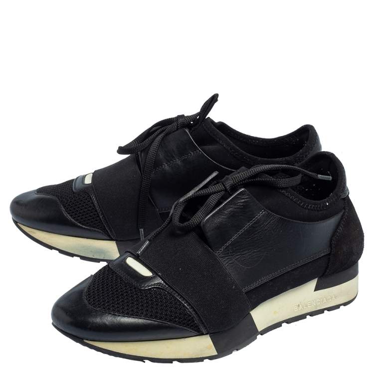Pre Owned Balenciaga Black/White Leather And Mesh Race Runner Sneakers Size 38