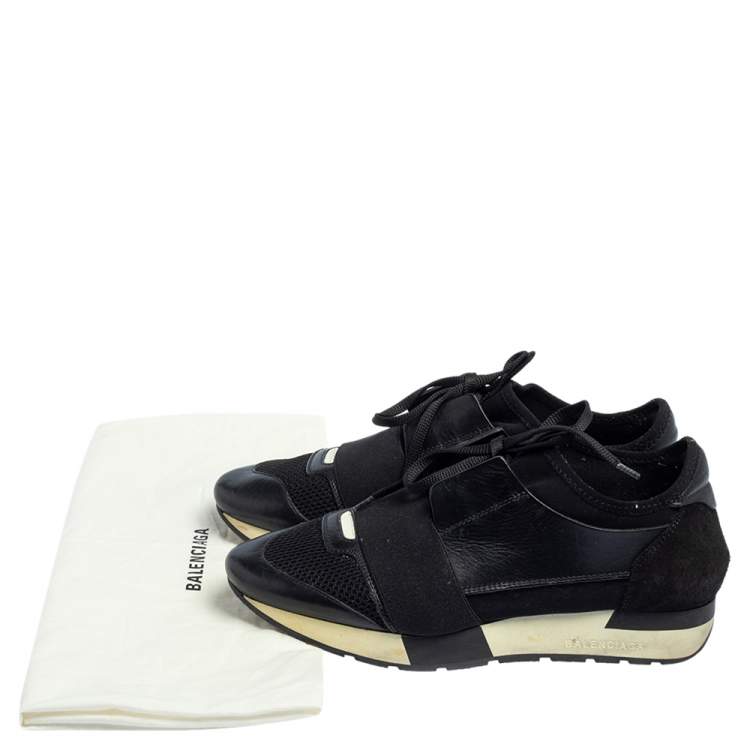 Pre Owned Balenciaga Black/White Leather And Mesh Race Runner Sneakers Size 38