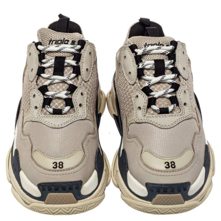 Pre Owned Balenciaga Beige Mesh And Leather Triple S Low Top Sneakers Size 38