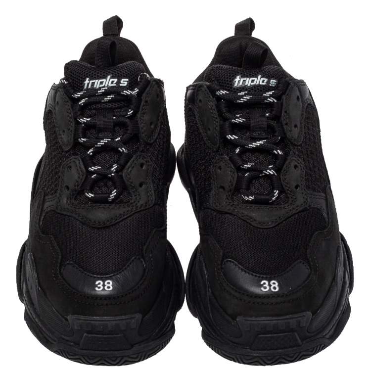 Pre Owned Balenciaga Black Leather And Mesh Triple S Low Top Sneakers Size 38