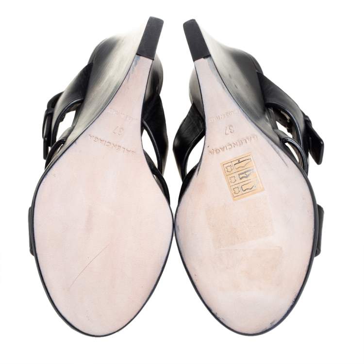 Pre Owned  Balenciaga Black Leather Wedge Sandals Size 37