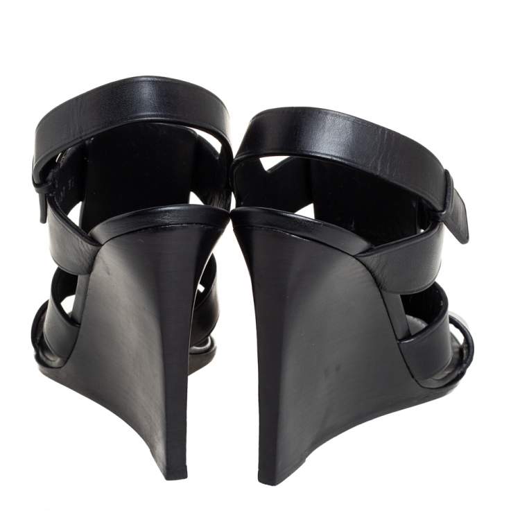 Pre Owned  Balenciaga Black Leather Wedge Sandals Size 37