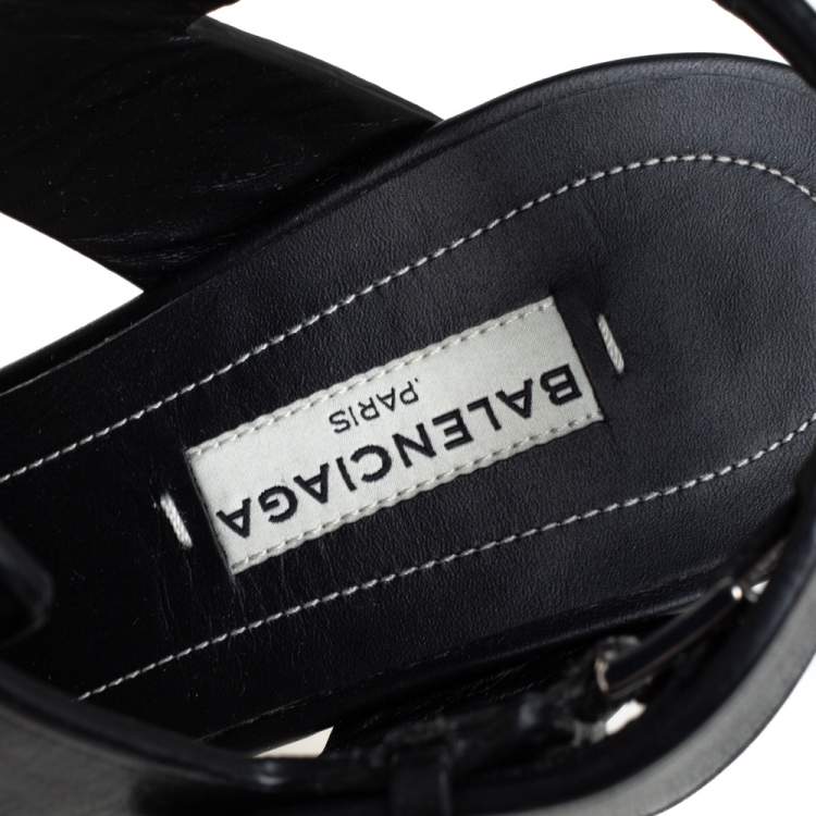Pre Owned  Balenciaga Black Leather Wedge Sandals Size 37