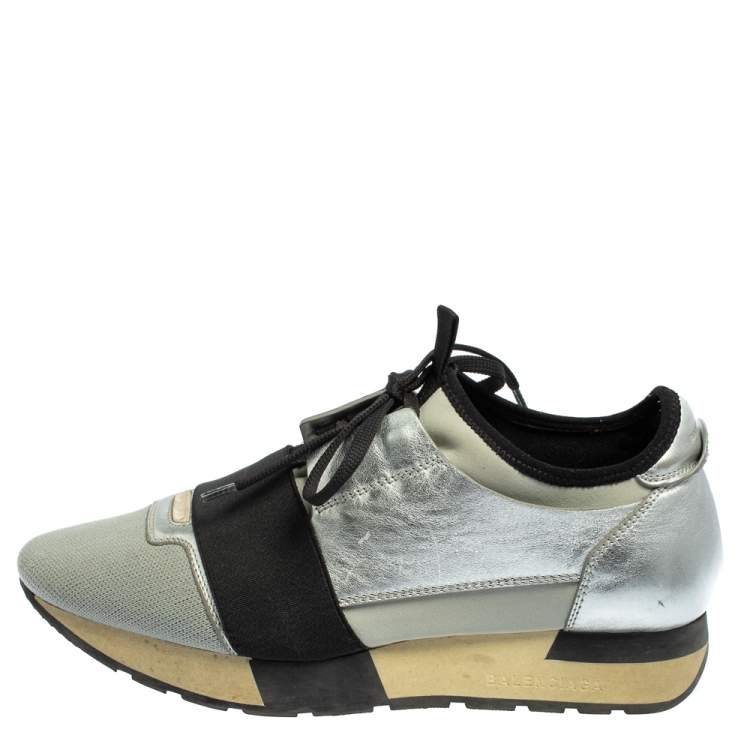 Balenciaga Silver/Black Leather And Fabric Race Runner Sneakers