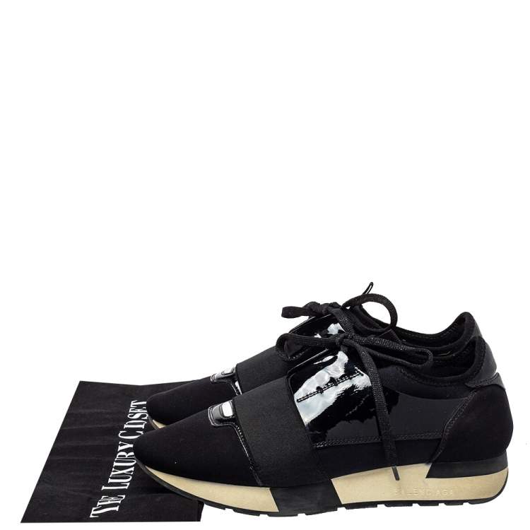 Pre Owned Balenciaga Black Patent Leather And Neoprene Race Runner Low Top Sneakers Size 38