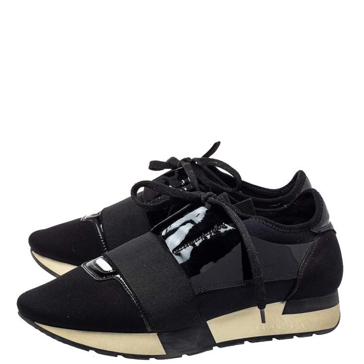 Pre Owned Balenciaga Black Patent Leather And Neoprene Race Runner Low Top Sneakers Size 38