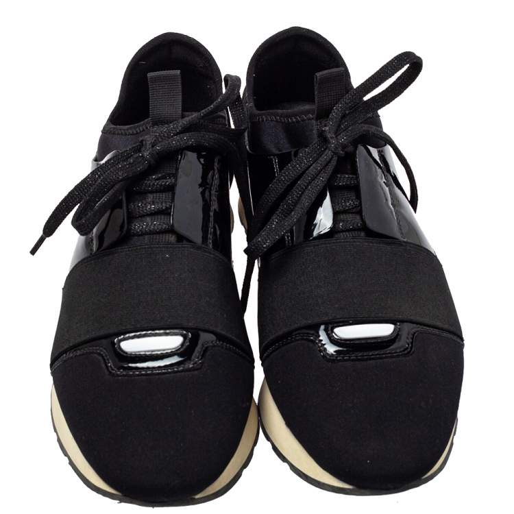 Pre Owned Balenciaga Black Patent Leather And Neoprene Race Runner Low Top Sneakers Size 38