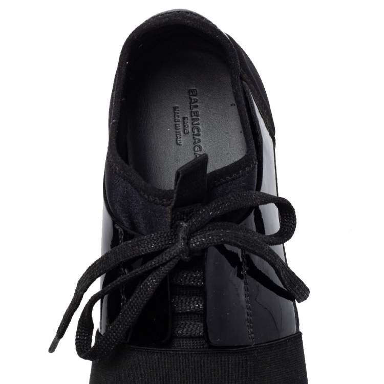 Pre Owned Balenciaga Black Patent Leather And Neoprene Race Runner Low Top Sneakers Size 38