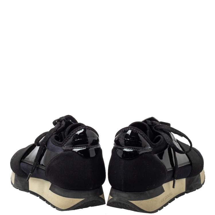 Pre Owned Balenciaga Black Patent Leather And Neoprene Race Runner Low Top Sneakers Size 38