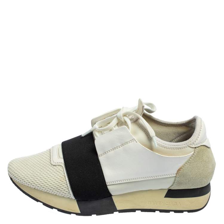 Pre Owned Balenciaga White Mesh And Leather Race Runner Sneakers Size 37
