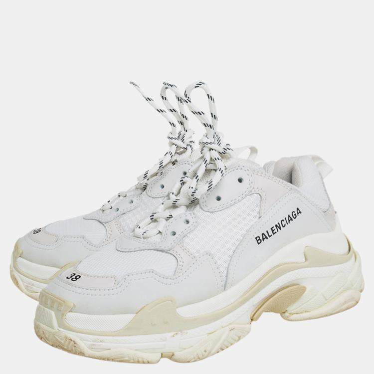 Pre Owned Balenciaga Grey Mesh And Leather Triple S Sneakers Size 38