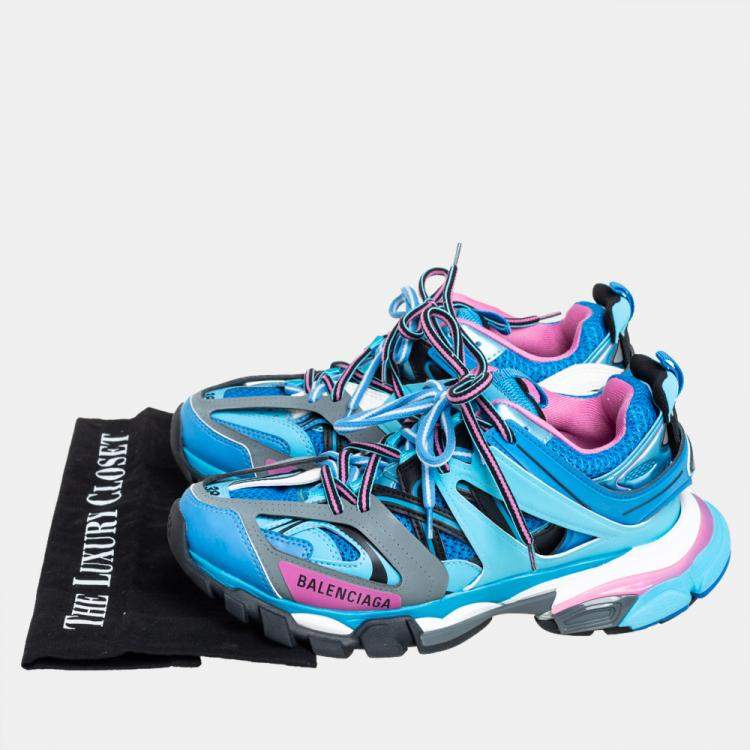 Pre Owned Balenciaga Blue Faux Leather And Mesh Track Sneakers Size 38