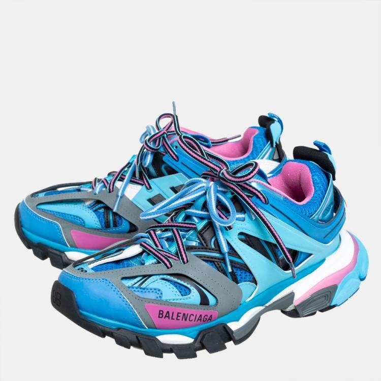 Pre Owned Balenciaga Blue Faux Leather And Mesh Track Sneakers Size 38