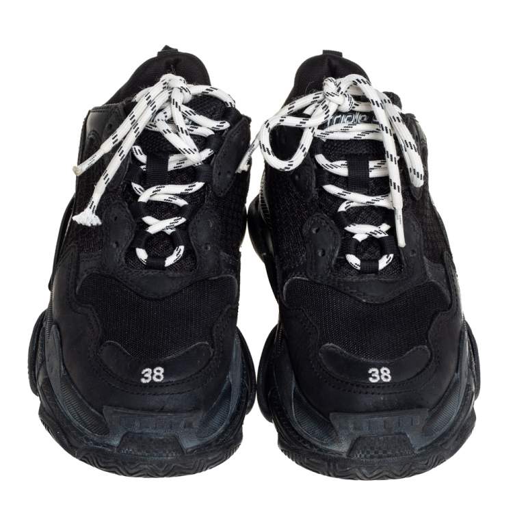 Pre Owned Balenciaga Black Leather And Mesh Triple S Clear Sneakers Size 38