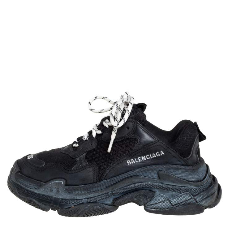Pre Owned Balenciaga Black Leather And Mesh Triple S Clear Sneakers Size 38