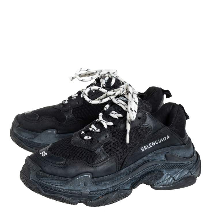 Pre Owned Balenciaga Black Leather And Mesh Triple S Clear Sneakers Size 38