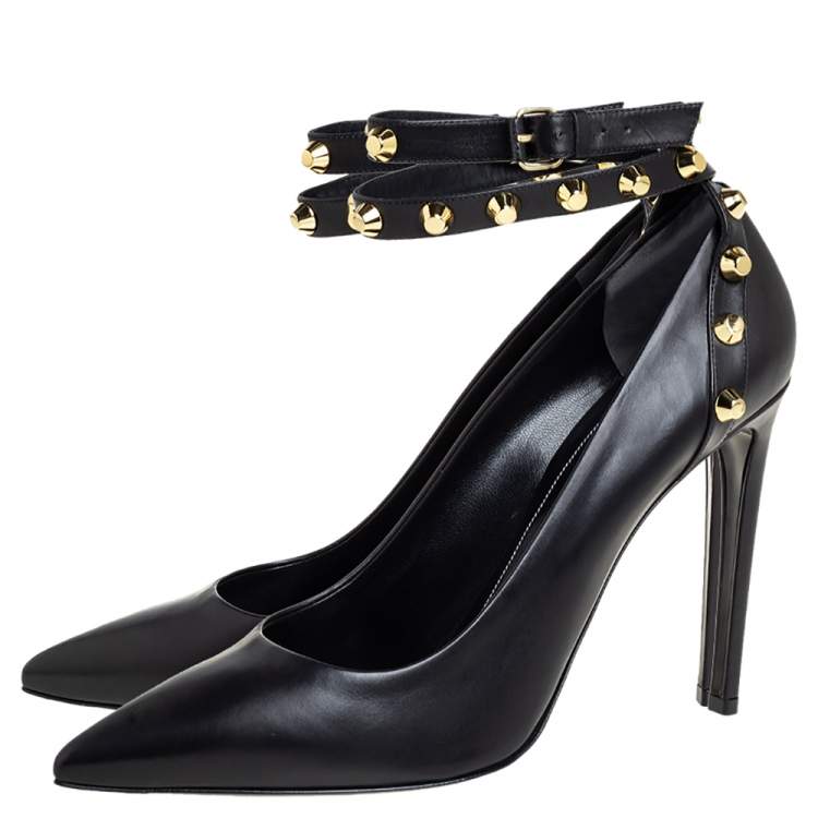 Pre Owned Balenciaga Black Leather Studded Pointed Toe Ankle Wrap Pumps Size 41