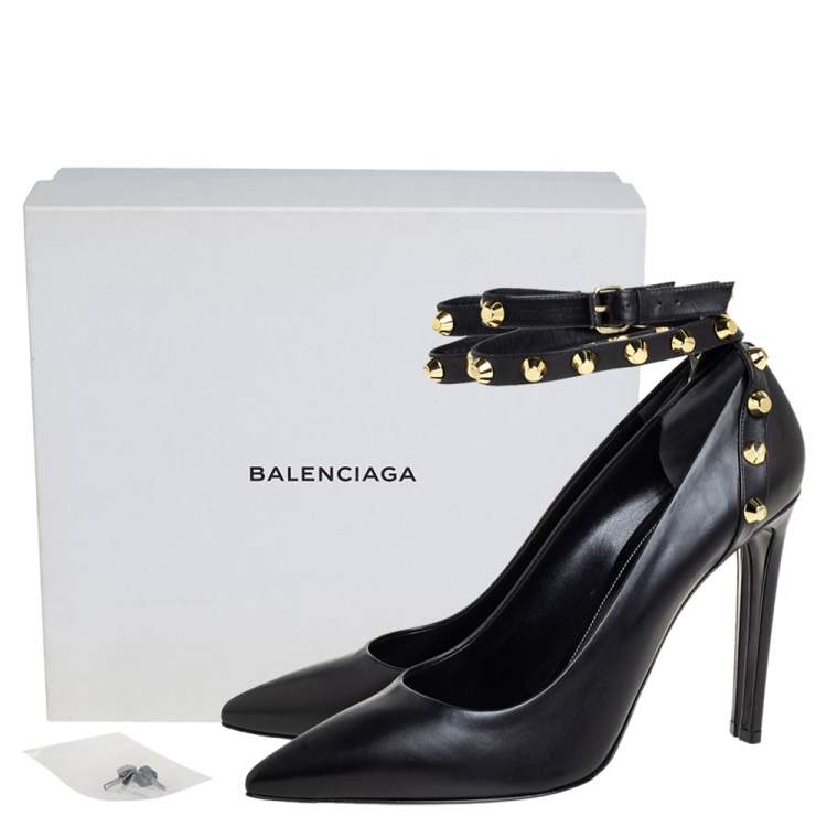 Pre Owned Balenciaga Black Leather Studded Pointed Toe Ankle Wrap Pumps Size 41