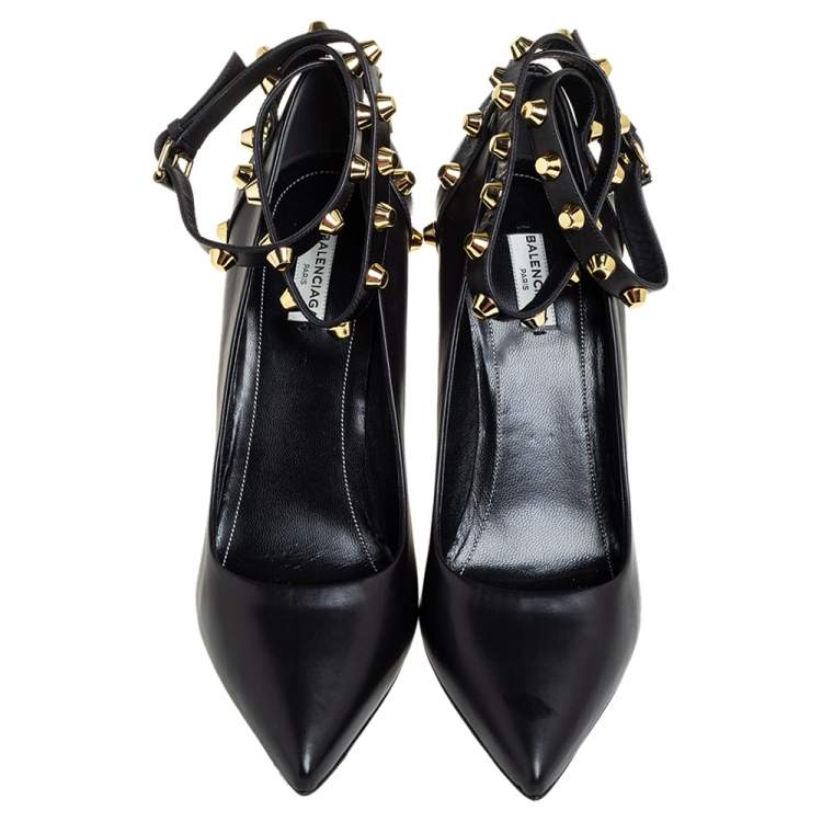 Pre Owned Balenciaga Black Leather Studded Pointed Toe Ankle Wrap Pumps Size 41