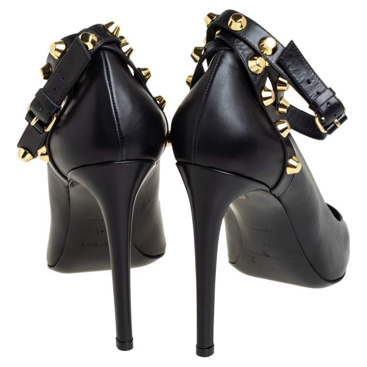 Pre Owned Balenciaga Black Leather Studded Pointed Toe Ankle Wrap Pumps Size 41