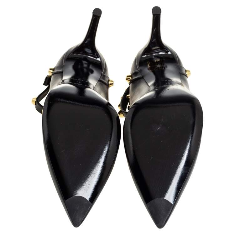 Pre Owned Balenciaga Black Leather Studded Pointed Toe Ankle Wrap Pumps Size 41