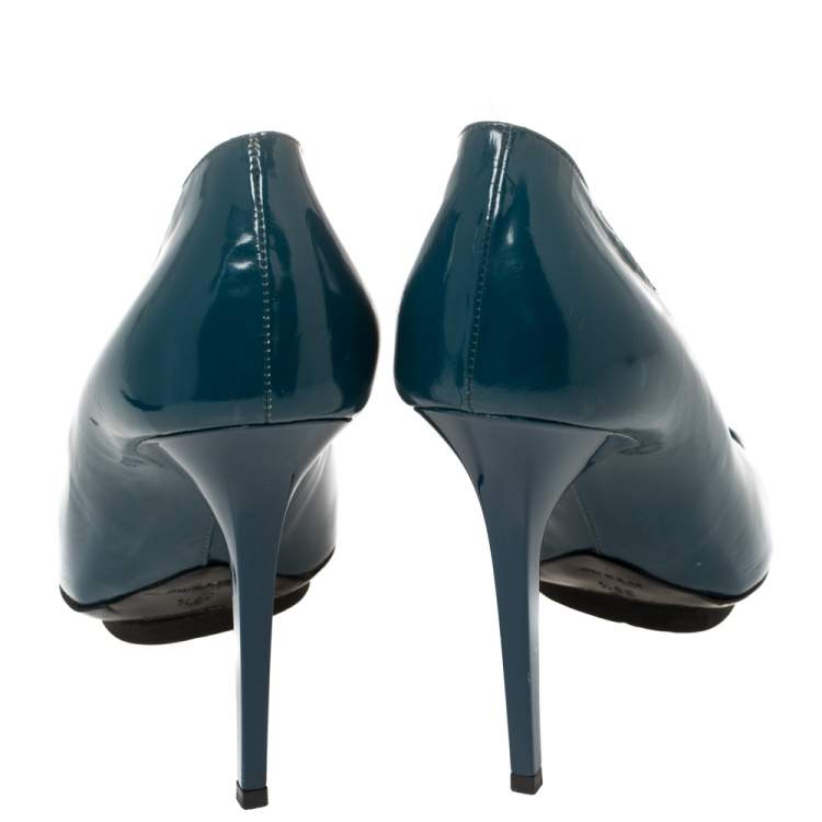 Pre Owned Balenciaga Peacock Blue Patent Leather Peep Toe Pumps Size 39.5