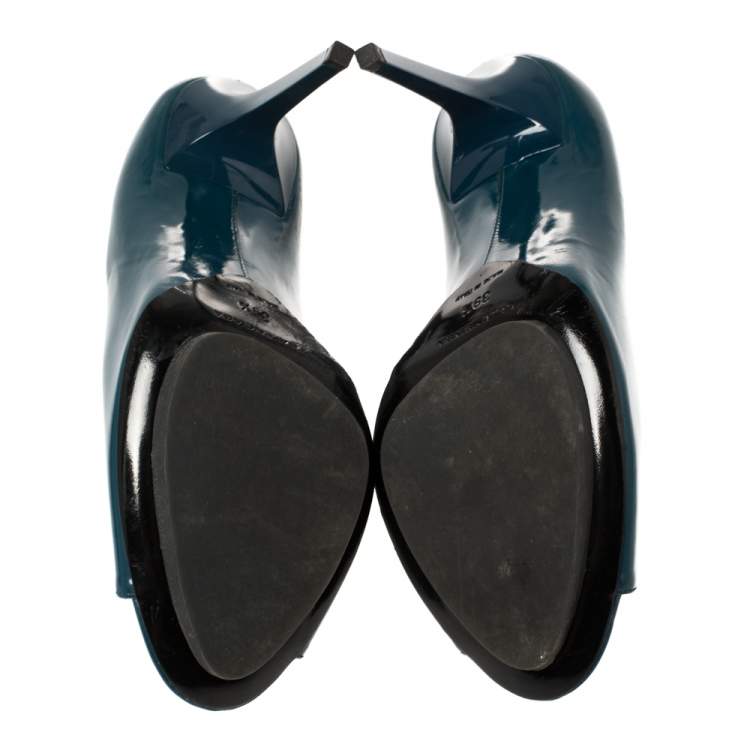 Pre Owned Balenciaga Peacock Blue Patent Leather Peep Toe Pumps Size 39.5