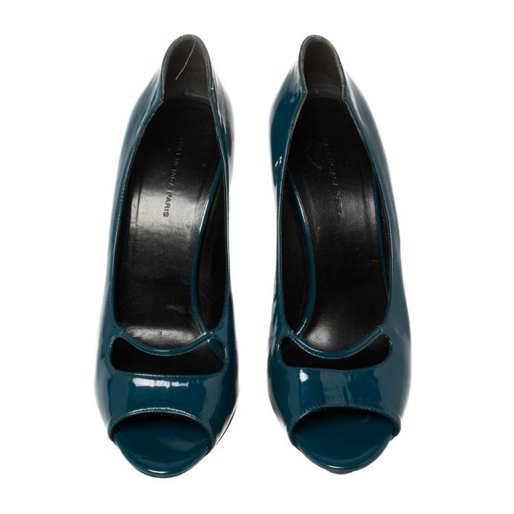 Pre Owned Balenciaga Peacock Blue Patent Leather Peep Toe Pumps Size 39.5