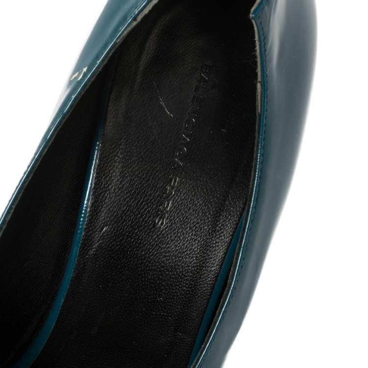 Pre Owned Balenciaga Peacock Blue Patent Leather Peep Toe Pumps Size 39.5