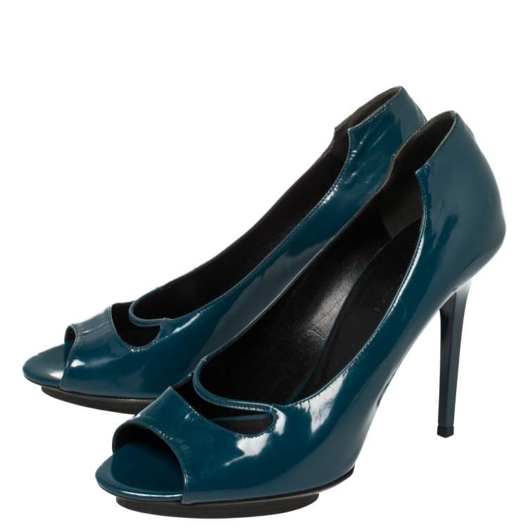 Pre Owned Balenciaga Peacock Blue Patent Leather Peep Toe Pumps Size 39.5