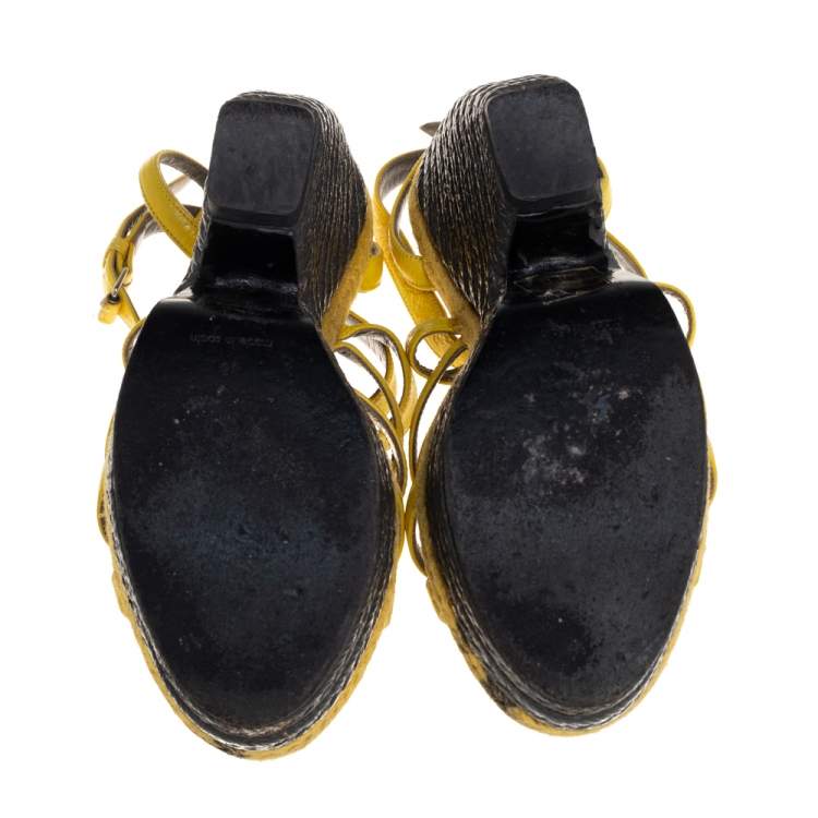 Pre Owned Balenciaga Yellow Leather Wedge Ankle Strap Sandals Size 38