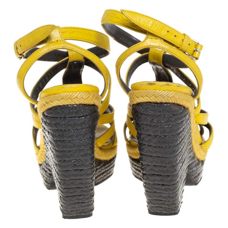 Pre Owned Balenciaga Yellow Leather Wedge Ankle Strap Sandals Size 38