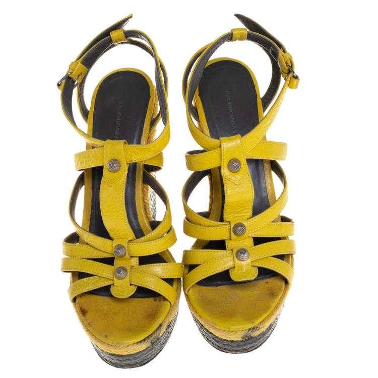 Pre Owned Balenciaga Yellow Leather Wedge Ankle Strap Sandals Size 38