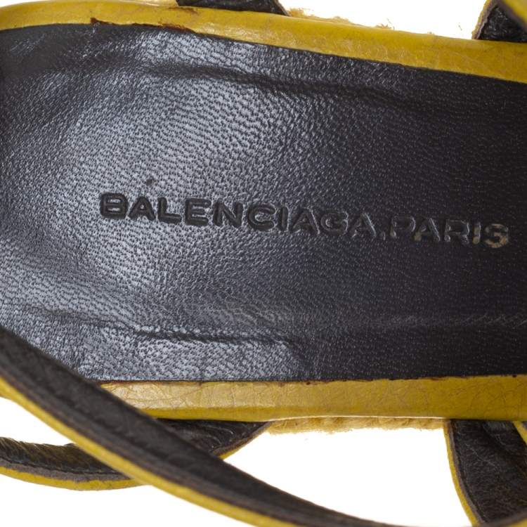 Pre Owned Balenciaga Yellow Leather Wedge Ankle Strap Sandals Size 38