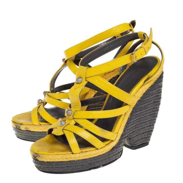 Pre Owned Balenciaga Yellow Leather Wedge Ankle Strap Sandals Size 38