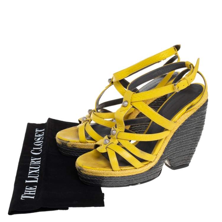 Pre Owned Balenciaga Yellow Leather Wedge Ankle Strap Sandals Size 38